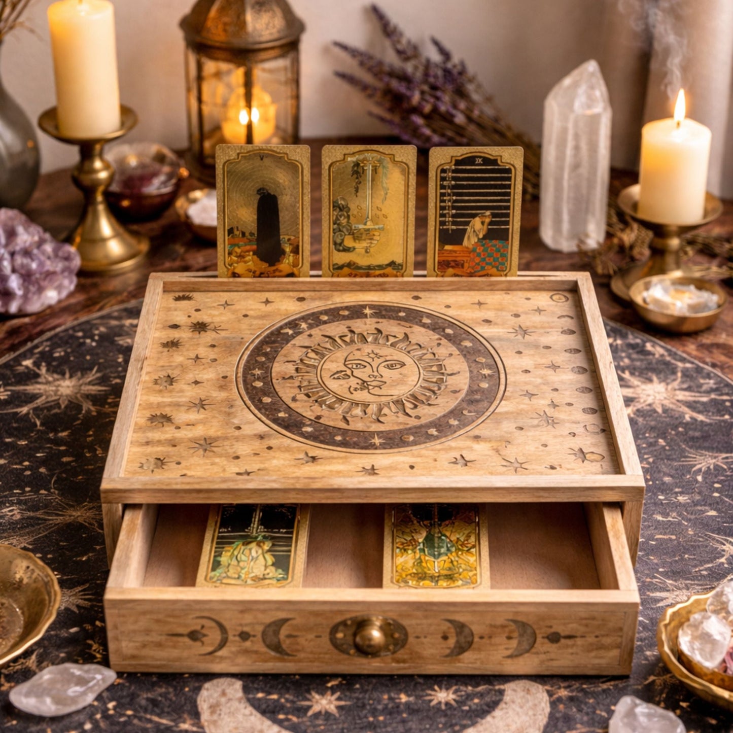 Sun Moon Carved Tarot Box with Drawer — craft storage boxes & cases, image 5 of 5.