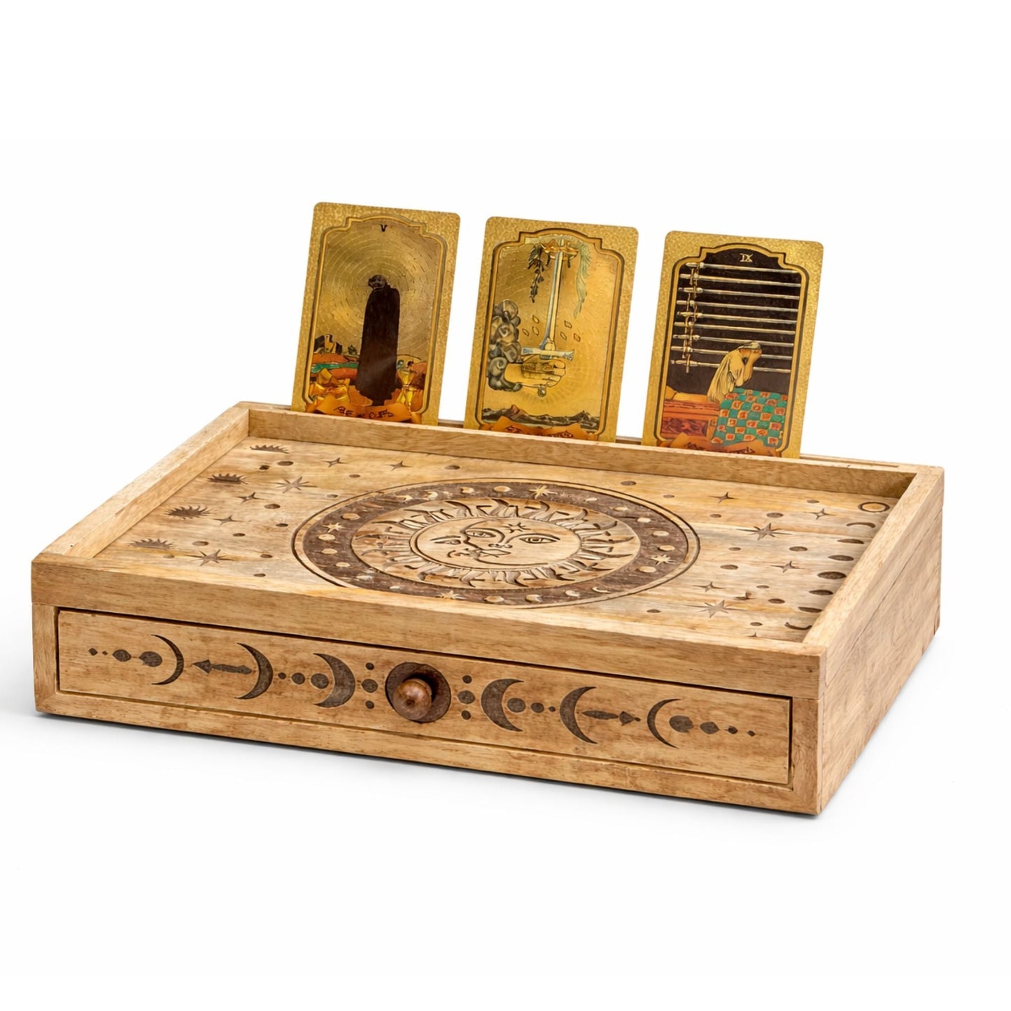 Sun Moon Carved Tarot Box with Drawer — craft storage boxes & cases, image 3 of 5.