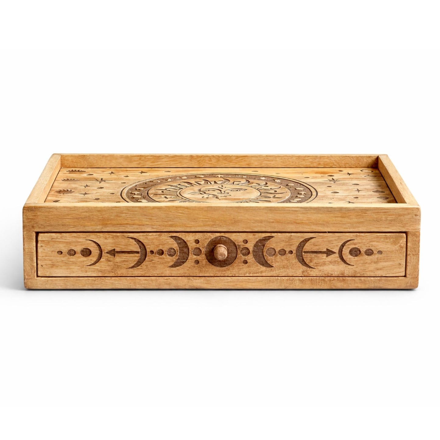 Sun Moon Carved Tarot Box with Drawer — craft storage boxes & cases, image 4 of 5.