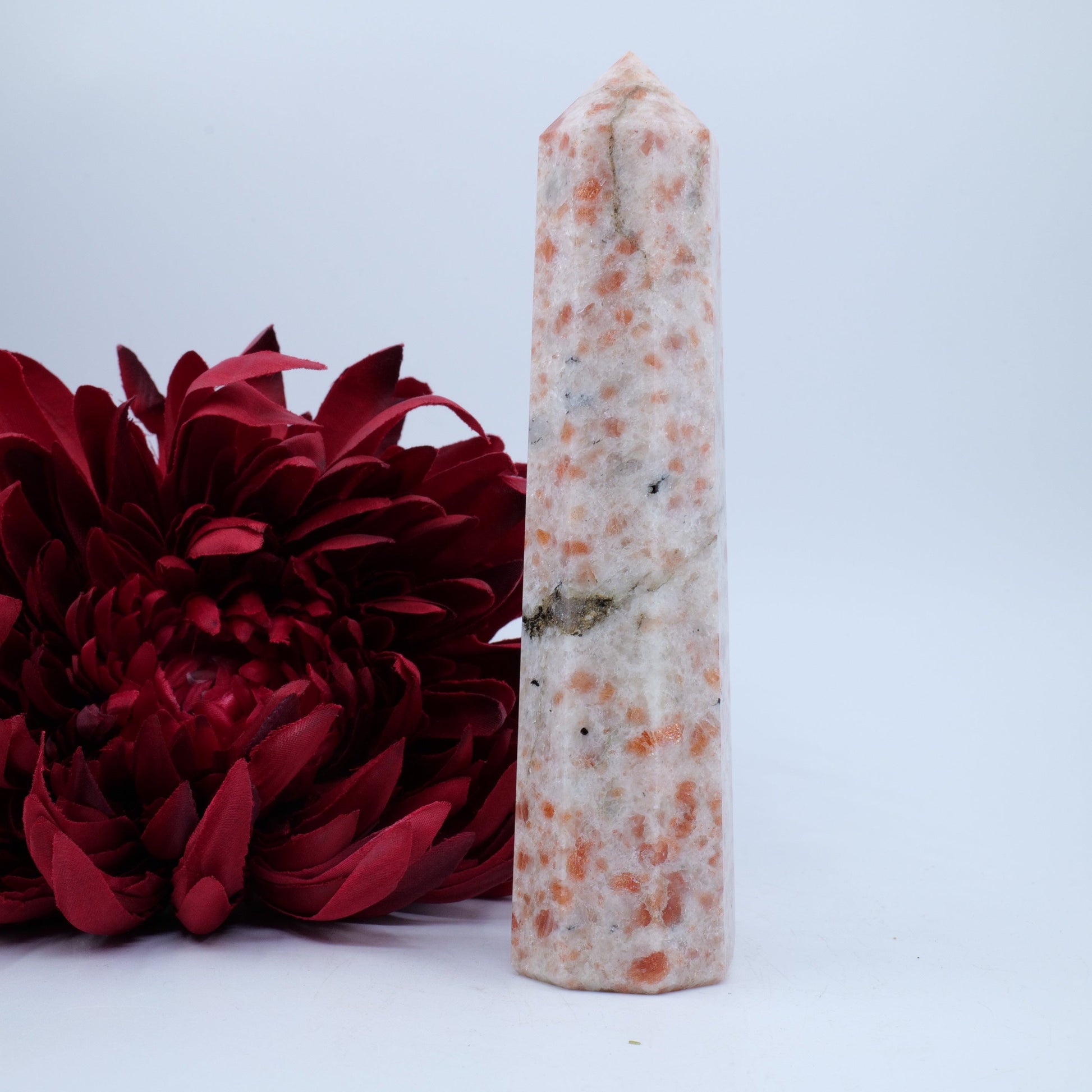 Polished Sunstone Crystal Tower 345g featuring sparkling aventurescence and warm orange tone - Luna Panther