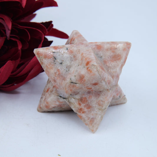 Polished Sunstone Merkaba Star 250g featuring sparkling aventurescence and warm orange tone - Luna Panther