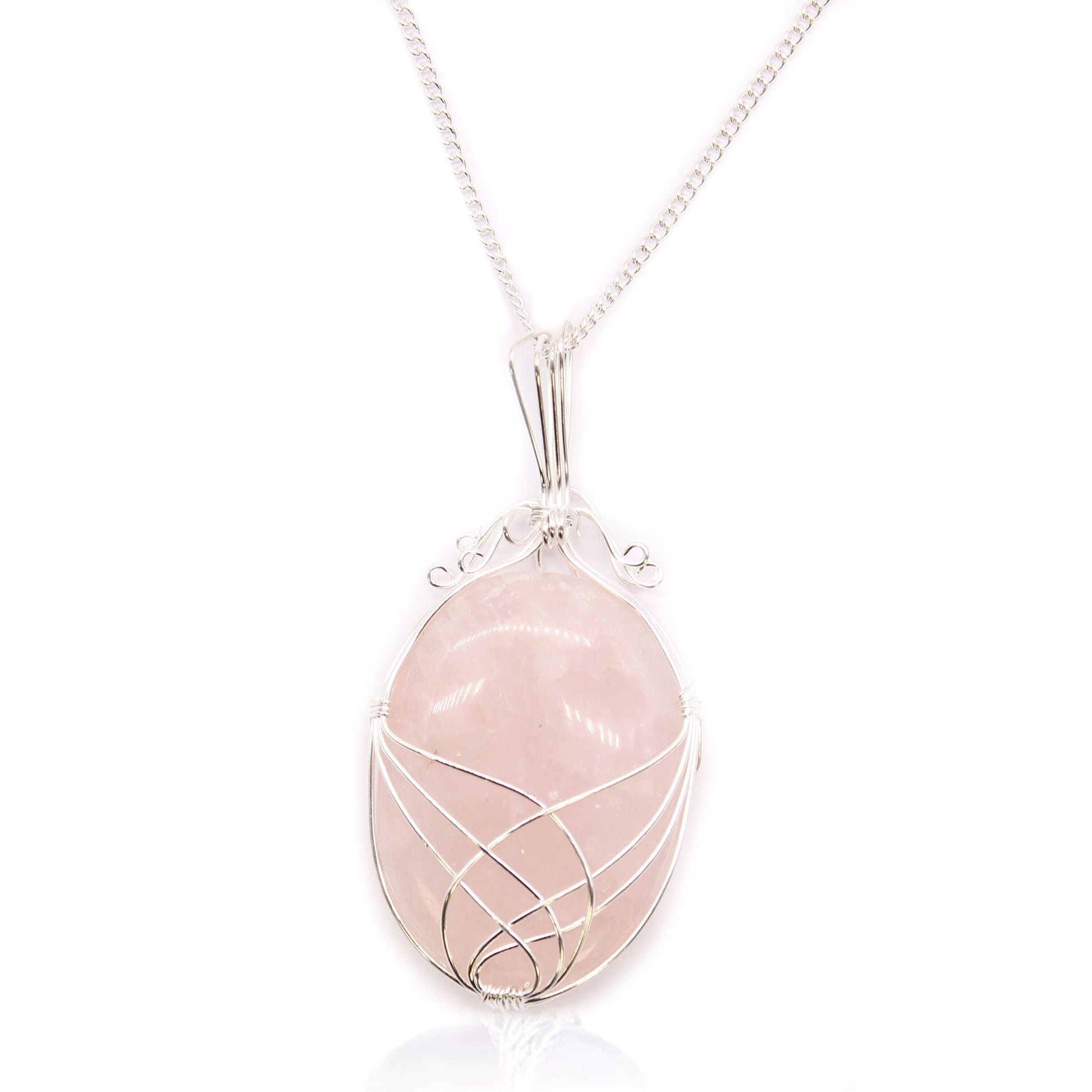 Polished Swirl Wrapped Gemstone Necklace - Rose Quartz featuring soft pink tone and gentle translucence - Luna Panther