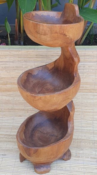 Teak Three Bowl Standing Approx. 50 cm — product, image 2 of 4. alternate view