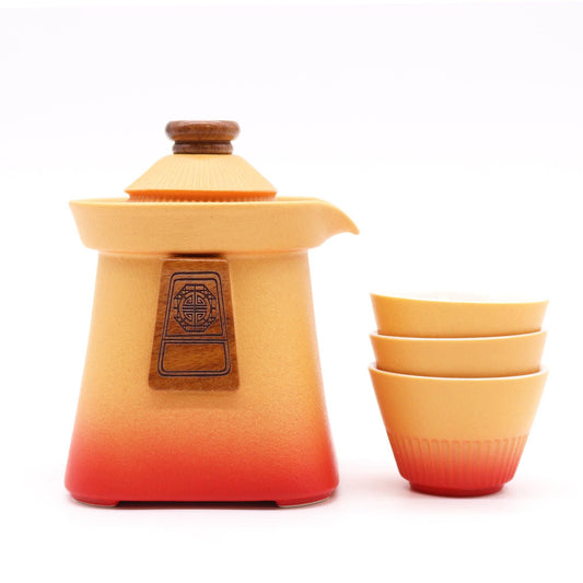 Polished Temple Teapot Set & Three Cups - Orange Earth featuring natural patterning and unique variations - Luna Panther
