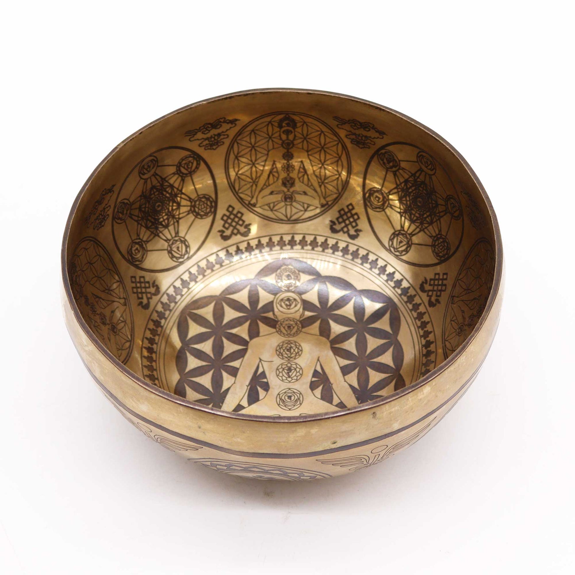 Polished Tibetan Healing Engraved Bowl - 16cm - 7 Chakra featuring natural patterning and unique variations - Luna Panther