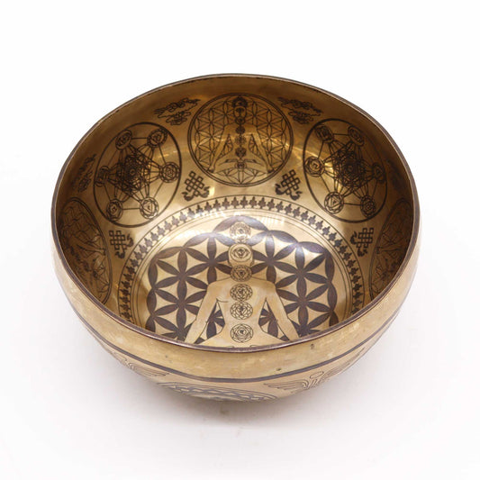 Polished Tibetan Healing Engraved Bowl - 16cm - 7 Chakra featuring natural patterning and unique variations - Luna Panther