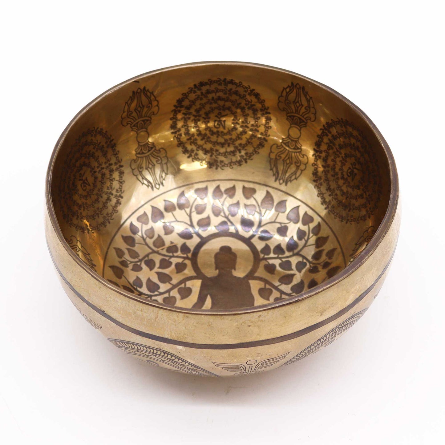 Polished Tibetan Healing Engraved Bowl - 16cm - Bodhi Tree Buddha featuring natural patterning and unique variations - Luna Panther