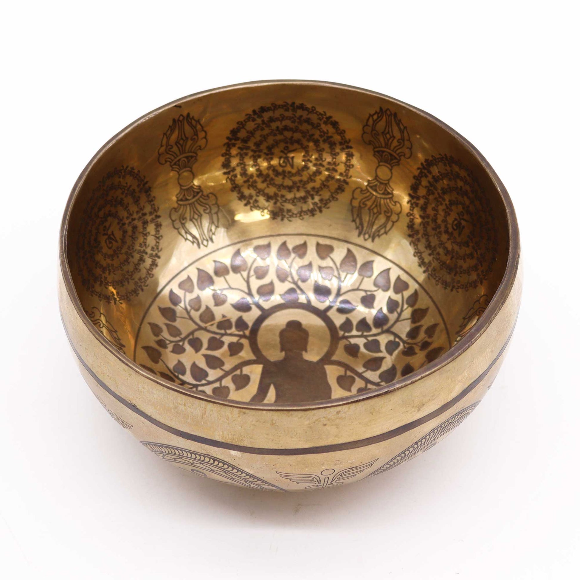 Polished Tibetan Healing Engraved Bowl - 16cm - Bodhi Tree Buddha featuring natural patterning and unique variations - Luna Panther
