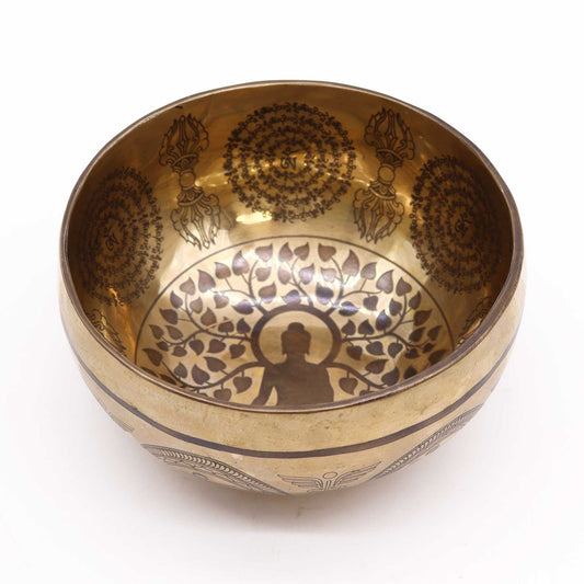 Polished Tibetan Healing Engraved Bowl - 16cm - Bodhi Tree Buddha featuring natural patterning and unique variations - Luna Panther
