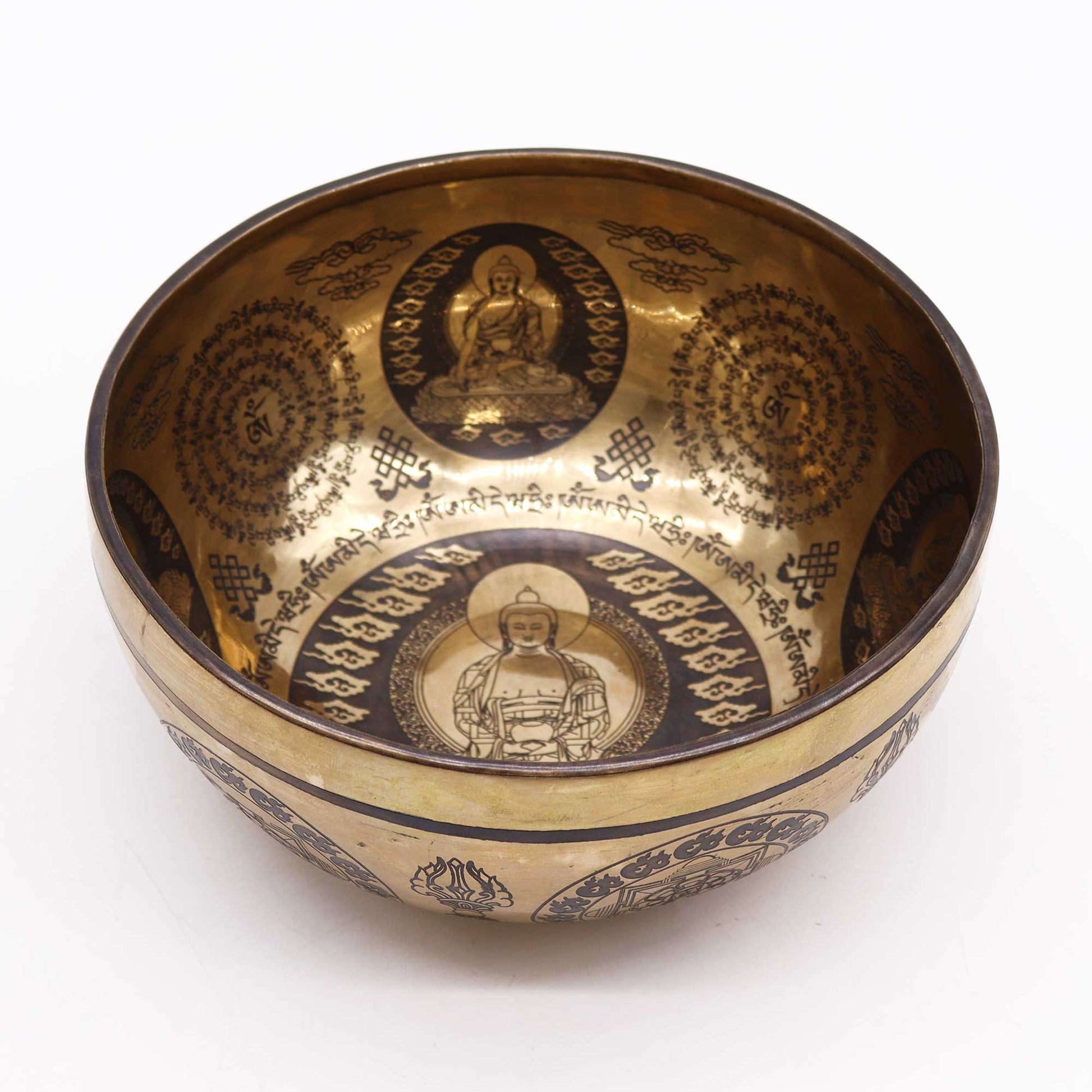 Polished Tibetan Healing Engraved Bowl - 21cm - 5 Buddhas featuring natural patterning and unique variations - Luna Panther