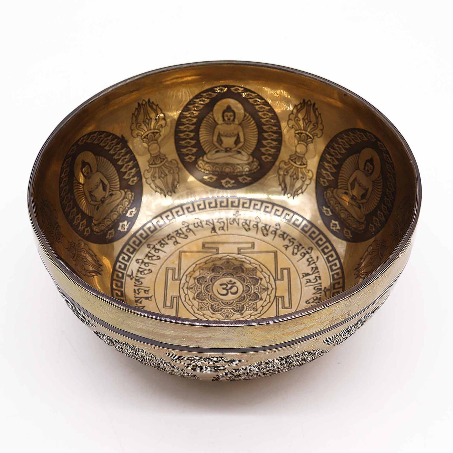 Polished Tibetan Healing Engraved Bowl - 21cm - Om & Buddha featuring natural patterning and unique variations - Luna Panther