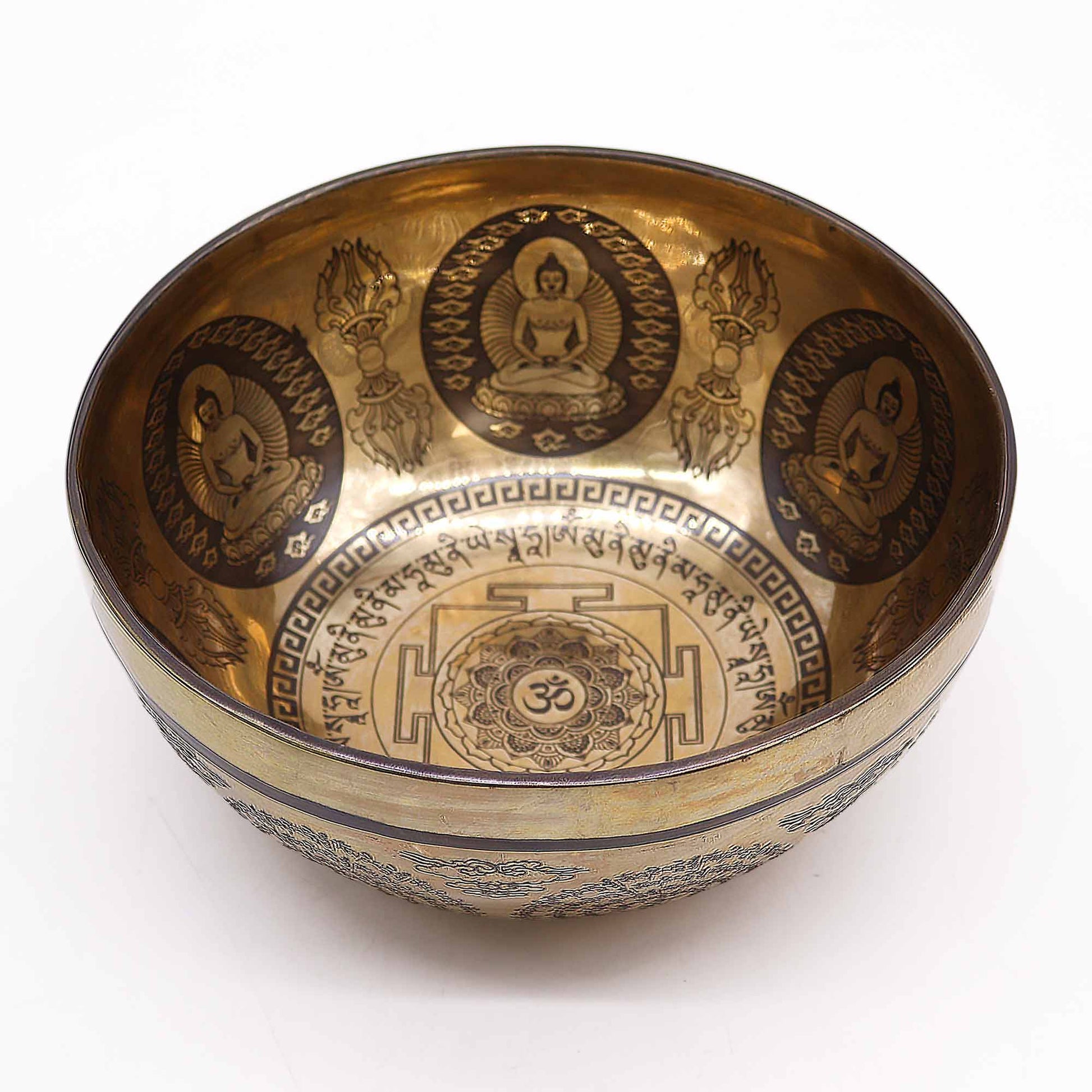 Polished Tibetan Healing Engraved Bowl - 21cm - Om & Buddha featuring natural patterning and unique variations - Luna Panther