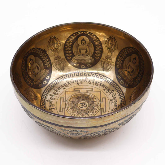 Polished Tibetan Healing Engraved Bowl - 21cm - Om & Buddha featuring natural patterning and unique variations - Luna Panther