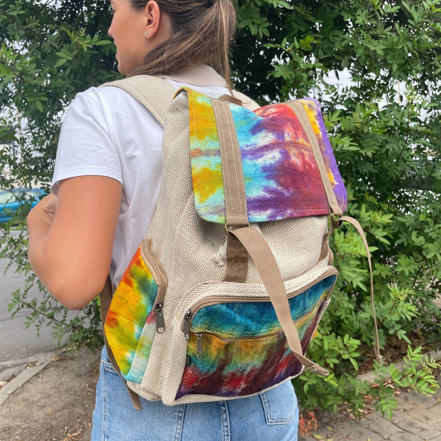 Tie - Dye Hemp Large Square Backpack - Luna Panther