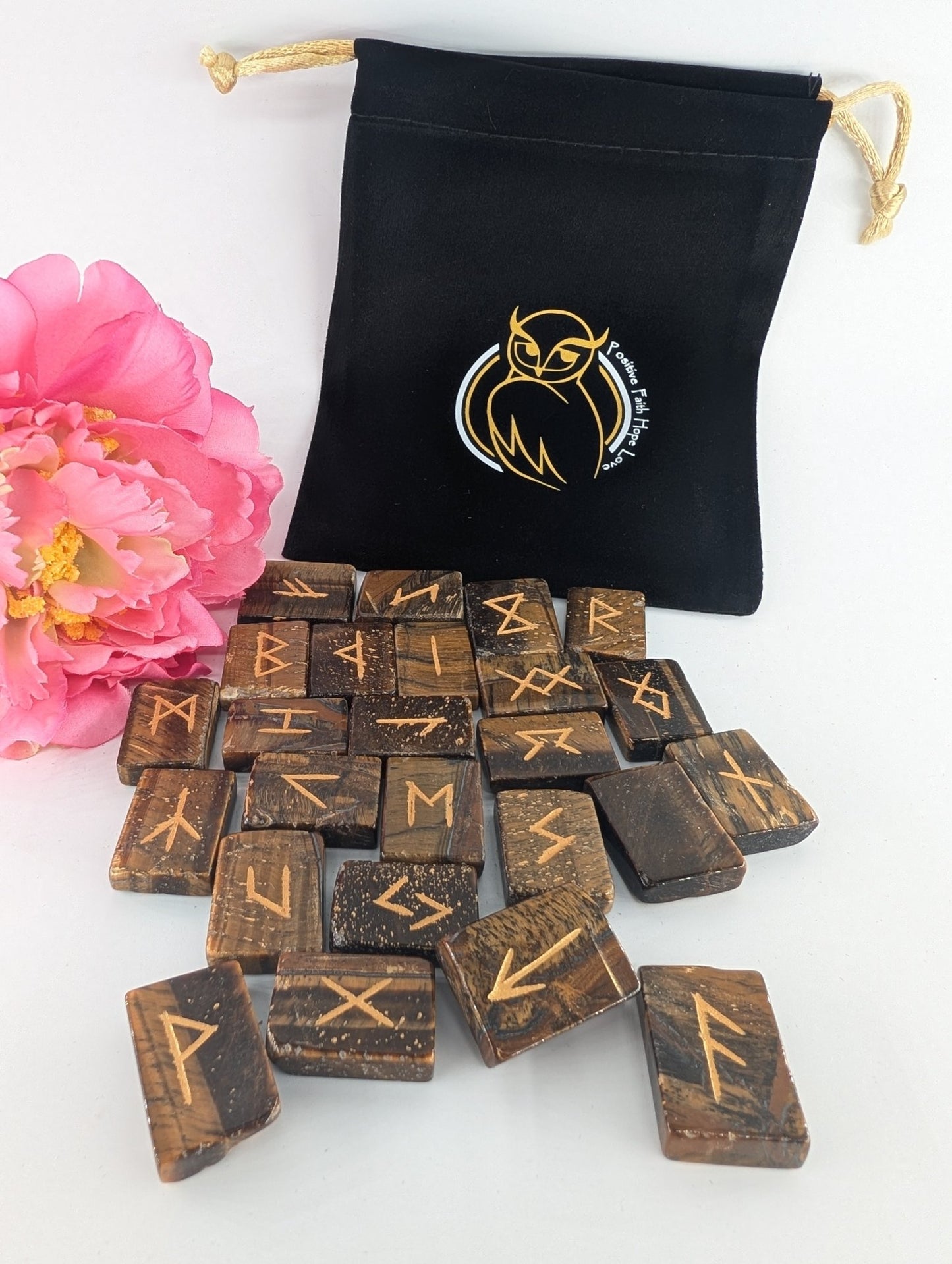 Polished Tiger Eye Rune Set and Bag - Polished Elder Futhark Runes featuring natural patterning and unique variations - Luna Panther