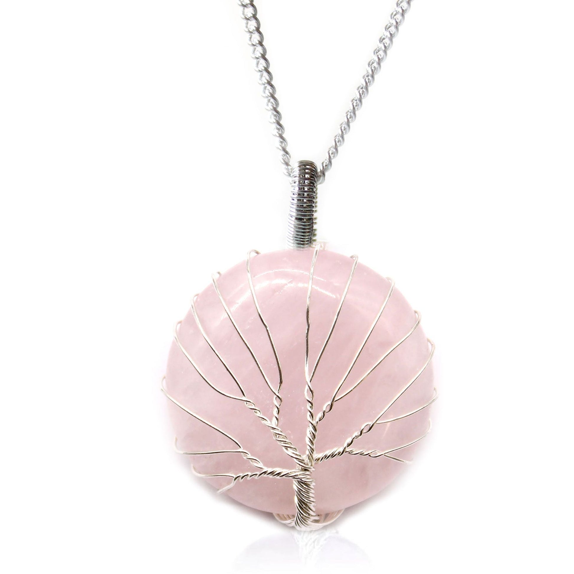 Polished Tree of Life Gemstone Necklace - Rose Quartz featuring soft pink tone and gentle translucence - Luna Panther
