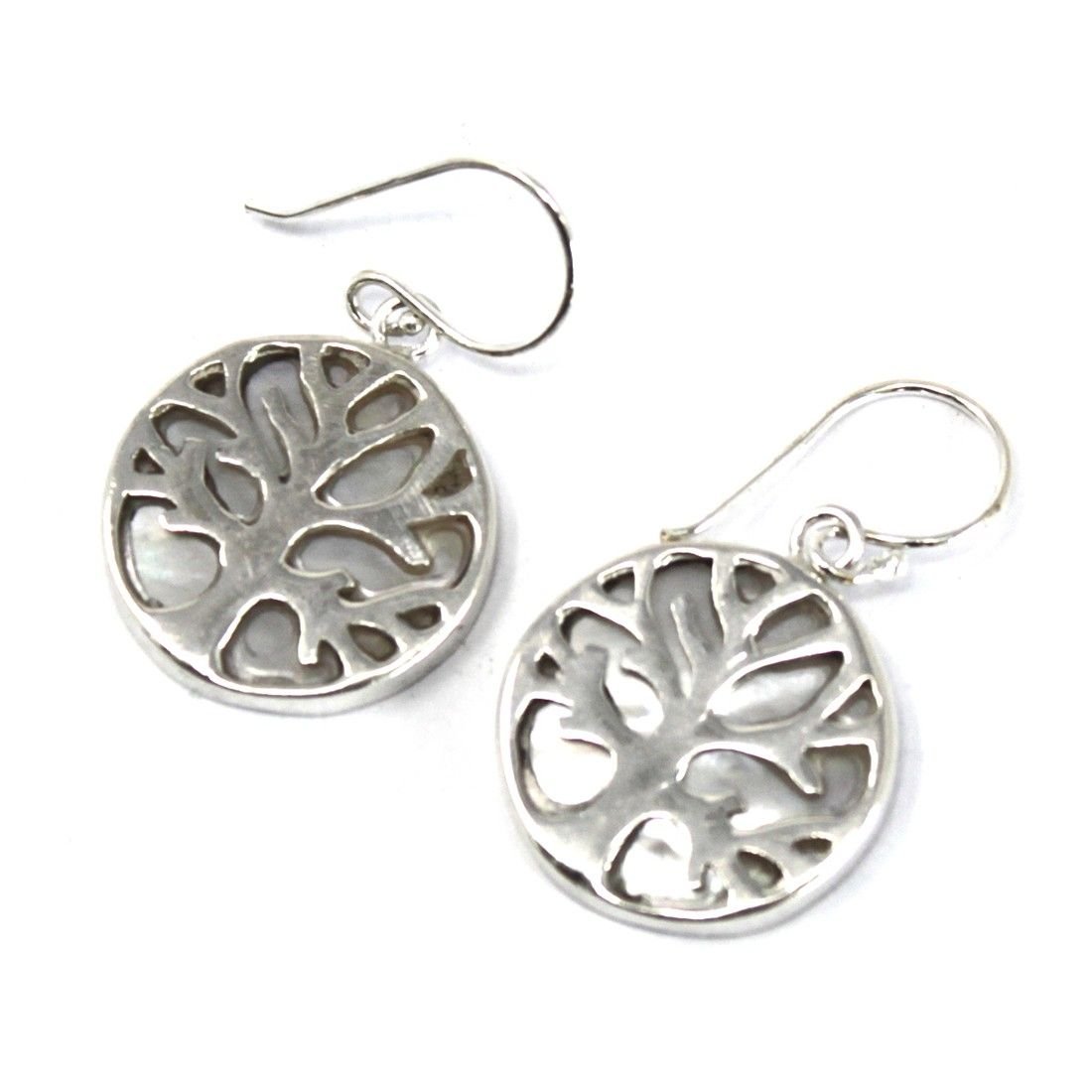 Polished Tree of Life Silver Earrings 15mm - Mother of Pearl featuring natural patterning and unique variations - Luna Panther