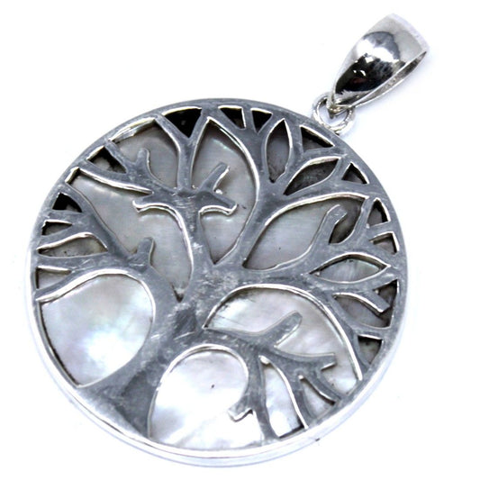 Polished Tree of Life Silver Pendant 30mm - Mother of Pearl featuring natural patterning and unique variations - Luna Panther