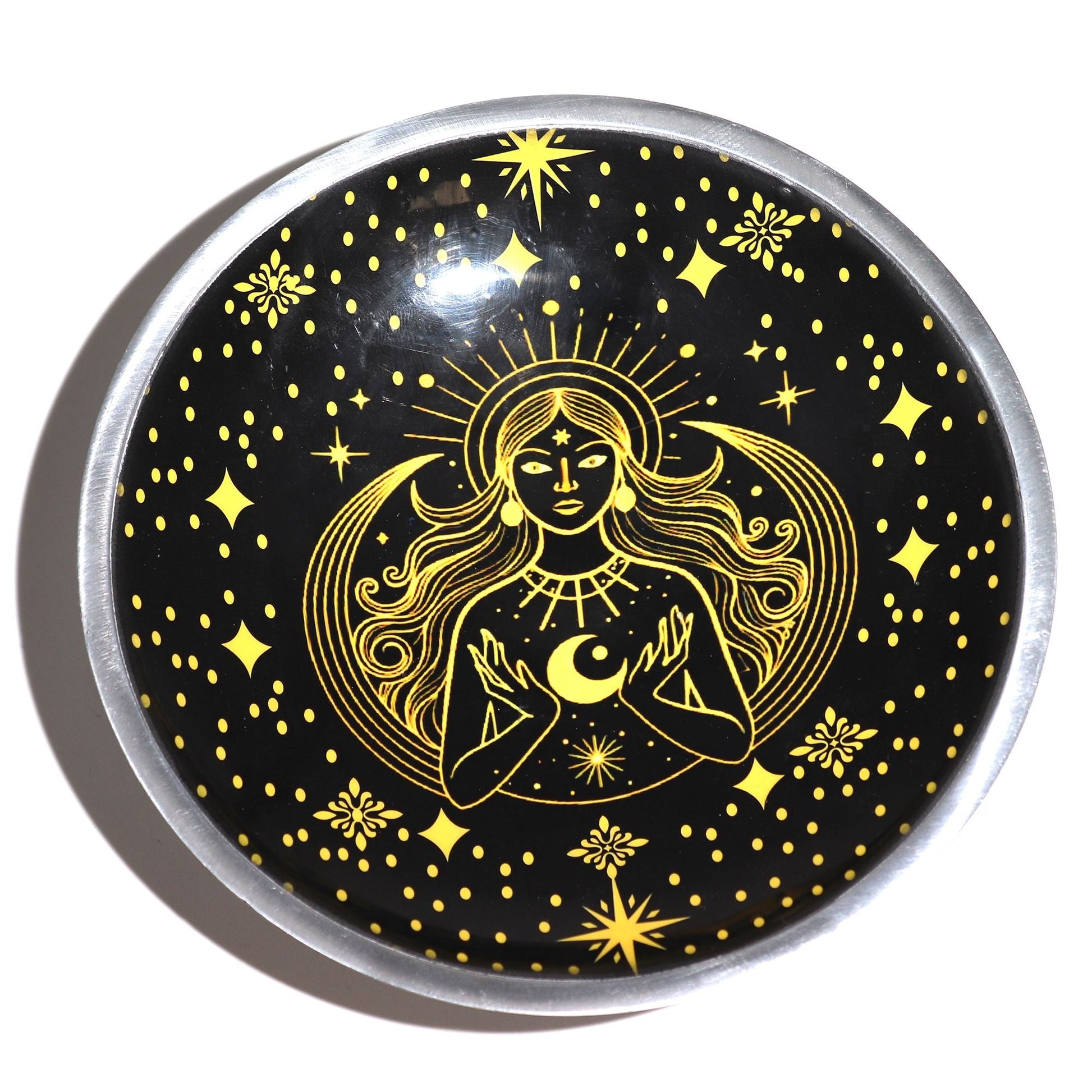 Triple Leg Enamelled Offering Plate - Gold Goddess on Black - Luna Panther