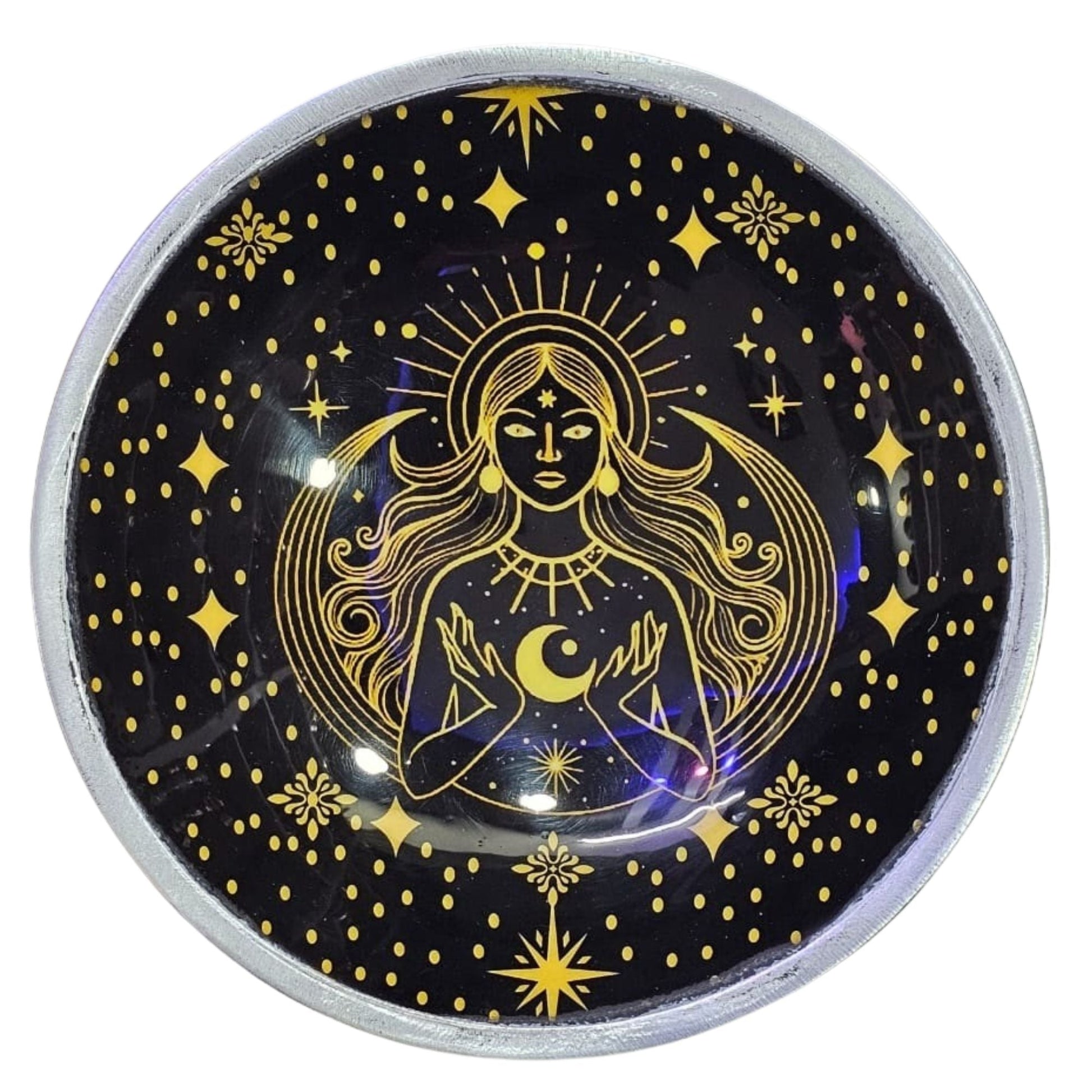 Triple Leg Enamelled Offering Plate - Gold Goddess on Black - Luna Panther