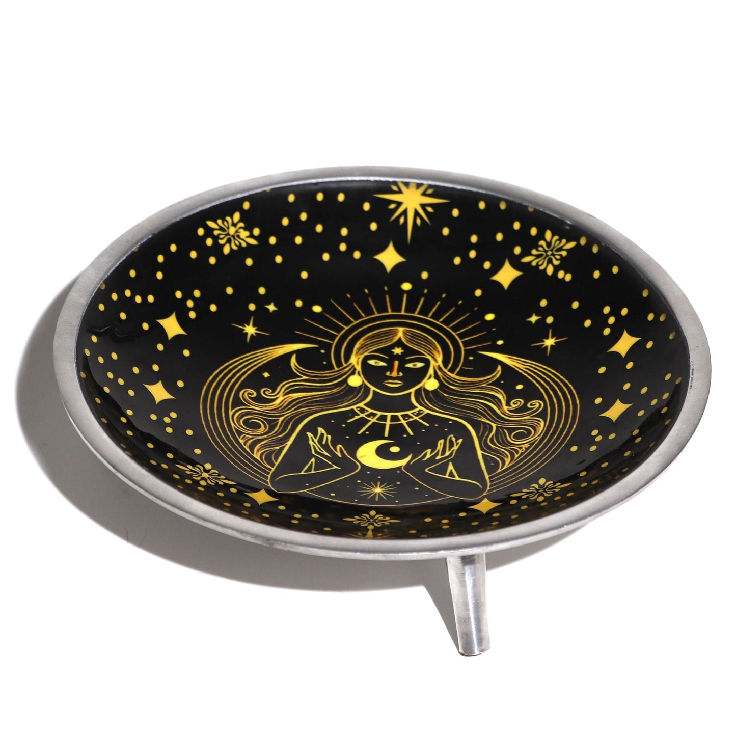 Triple Leg Enamelled Offering Plate - Gold Goddess on Black - Luna Panther