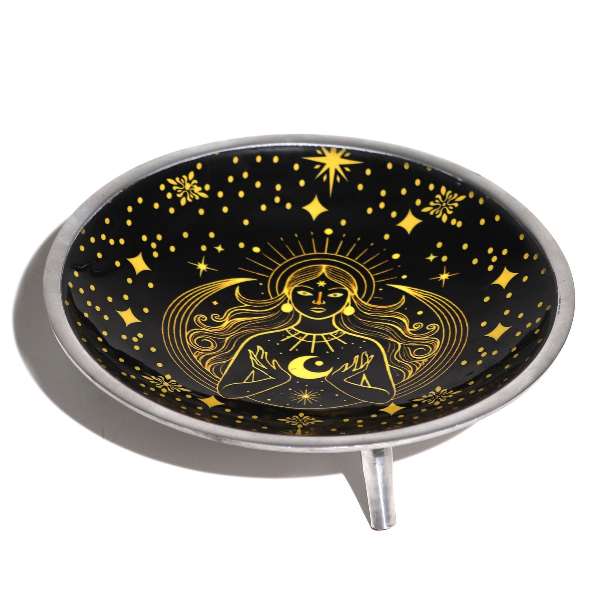 Triple Leg Enamelled Offering Plate - Gold Goddess on Black - Luna Panther