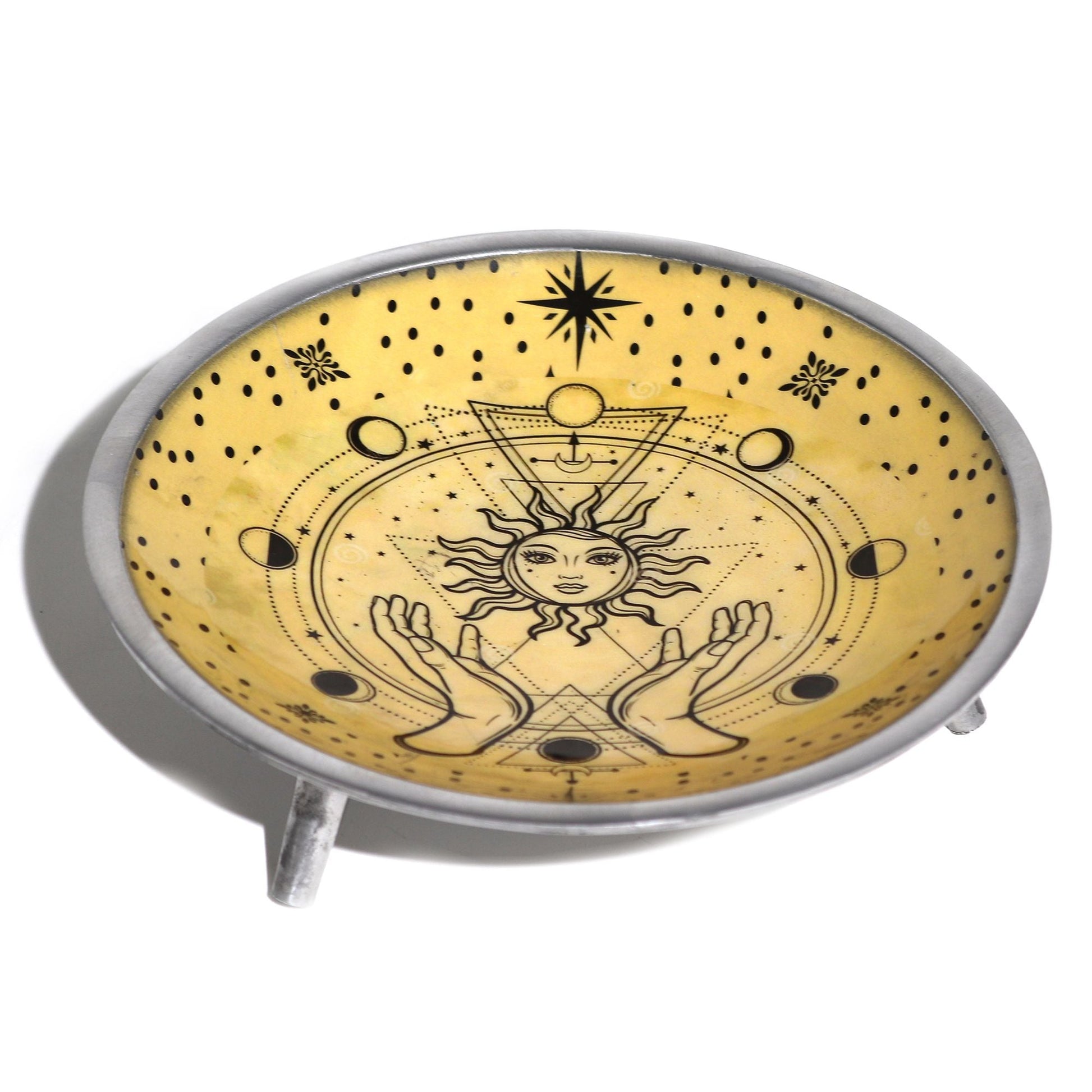 Triple Leg Enamelled Offering Plate - Hands & Sun - Luna Panther