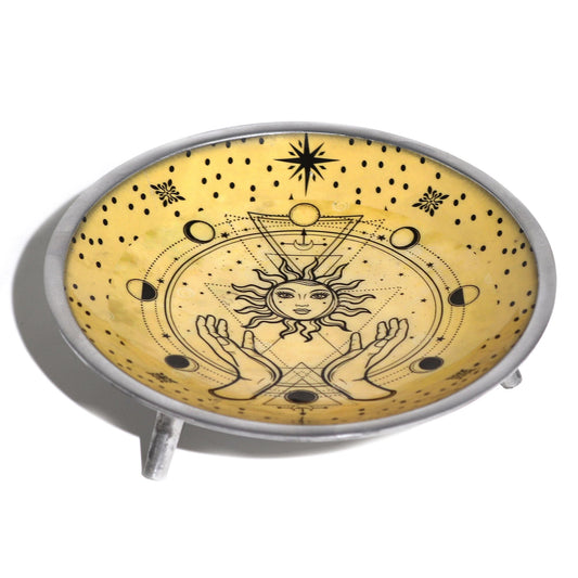 Triple Leg Enamelled Offering Plate - Hands & Sun - Luna Panther