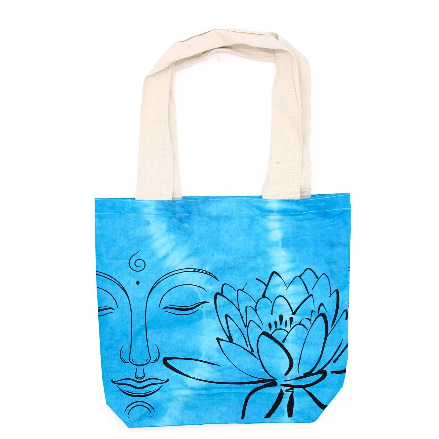 Polished Tie-Dye Cotton Bag (6oz) - 38x42x12cm - Lotus Buddha - Blue - Natural Handle featuring natural patterning and unique variations - Luna Panther