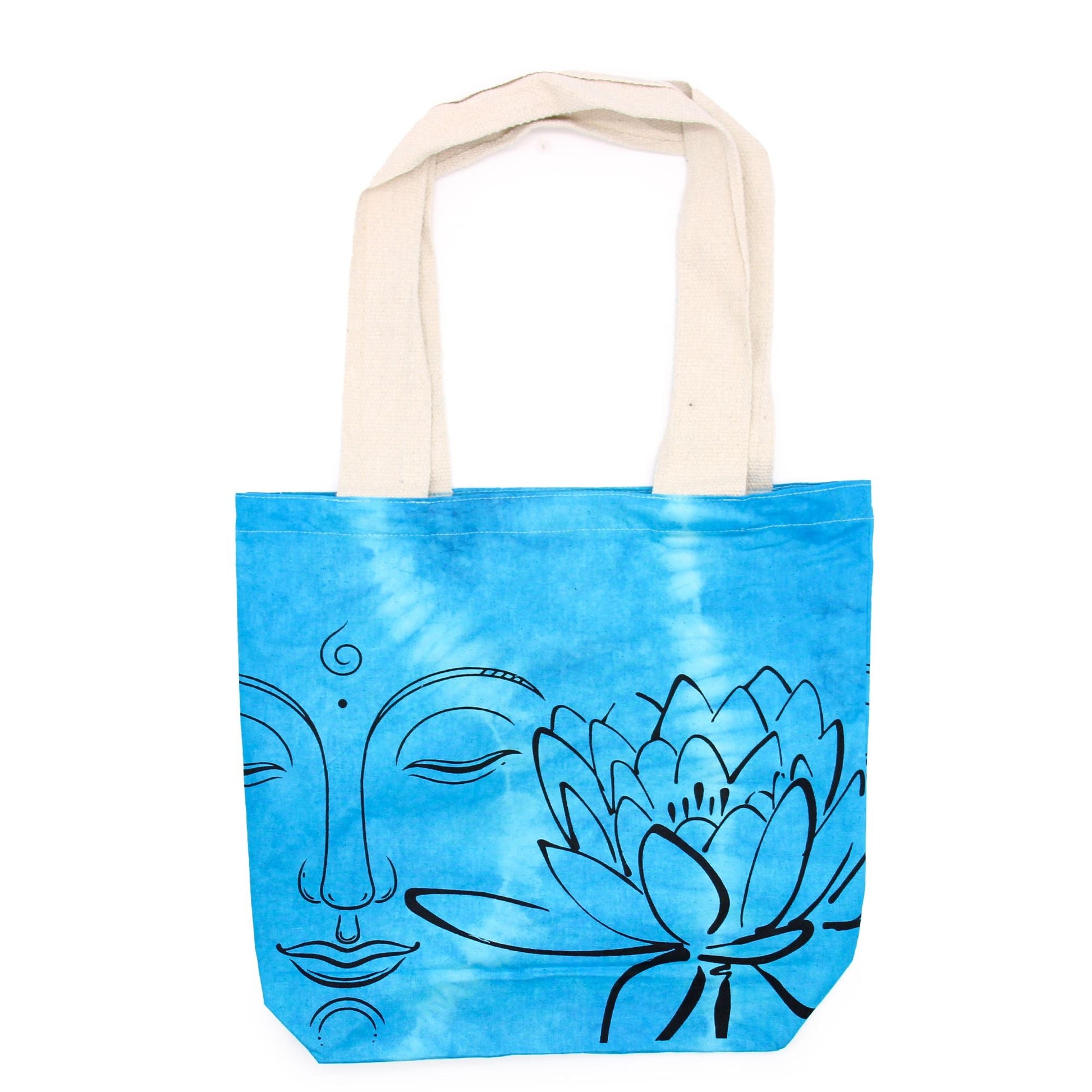 Polished Tie-Dye Cotton Bag (6oz) - 38x42x12cm - Lotus Buddha - Blue - Natural Handle featuring natural patterning and unique variations - Luna Panther