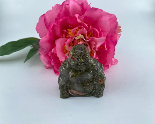 Polished Unakite Buddha featuring green and pink mottled pattern - Luna Panther