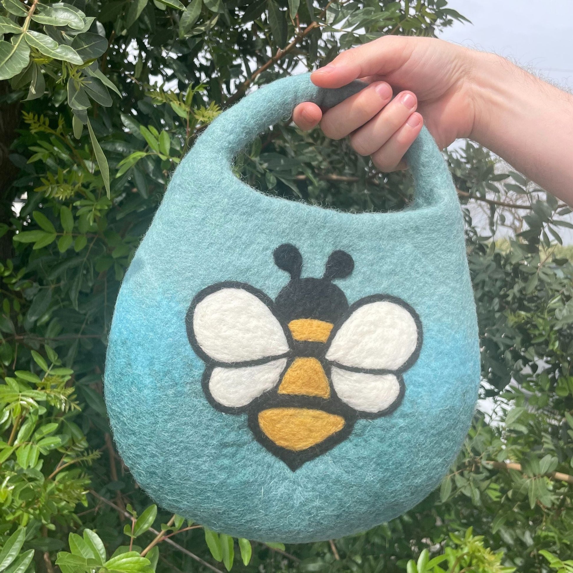 Polished Water Felted Bee Bag - One Handle with Magnet - Blue Green featuring natural patterning and unique variations - Luna Panther