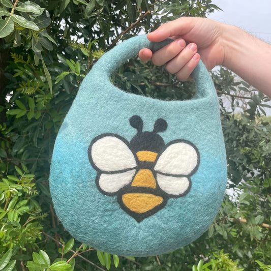 Polished Water Felted Bee Bag - One Handle with Magnet - Blue Green featuring natural patterning and unique variations - Luna Panther