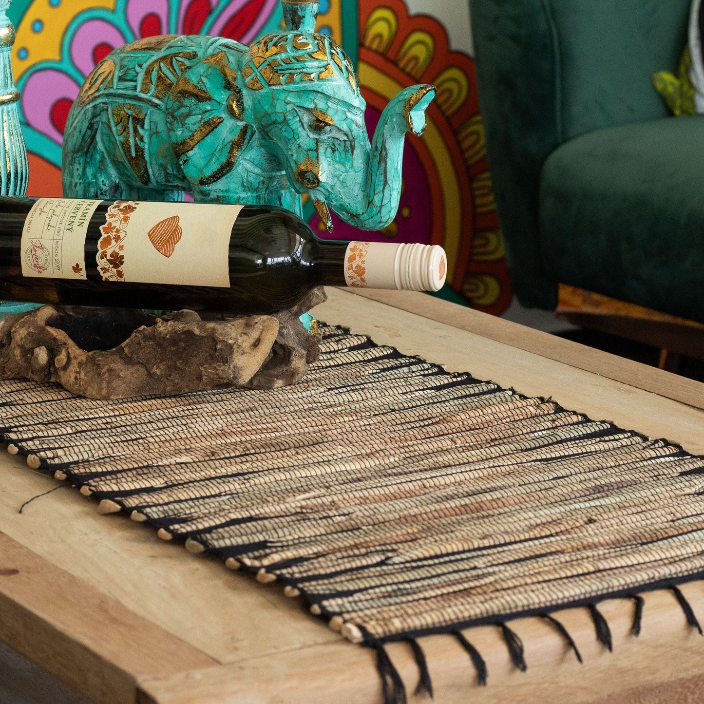 Water Hyacinth Natural Table Runner - Black Tiger with Fringe - 150cm - Luna Panther