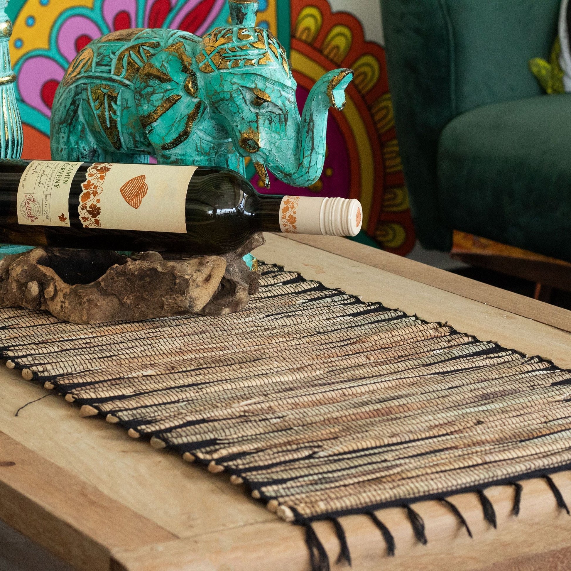 Water Hyacinth Natural Table Runner - Black Tiger with Fringe - 150cm - Luna Panther