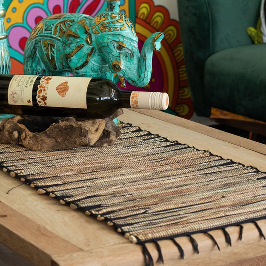 Water Hyacinth Natural Table Runner - Black Tiger with Fringe - 150cm - Luna Panther