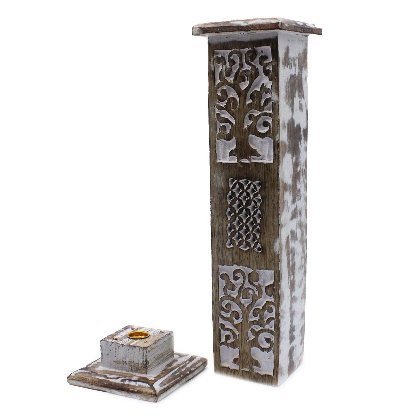 Polished White Washed Incense Holder - Smoke Tower featuring natural patterning and unique variations - Luna Panther