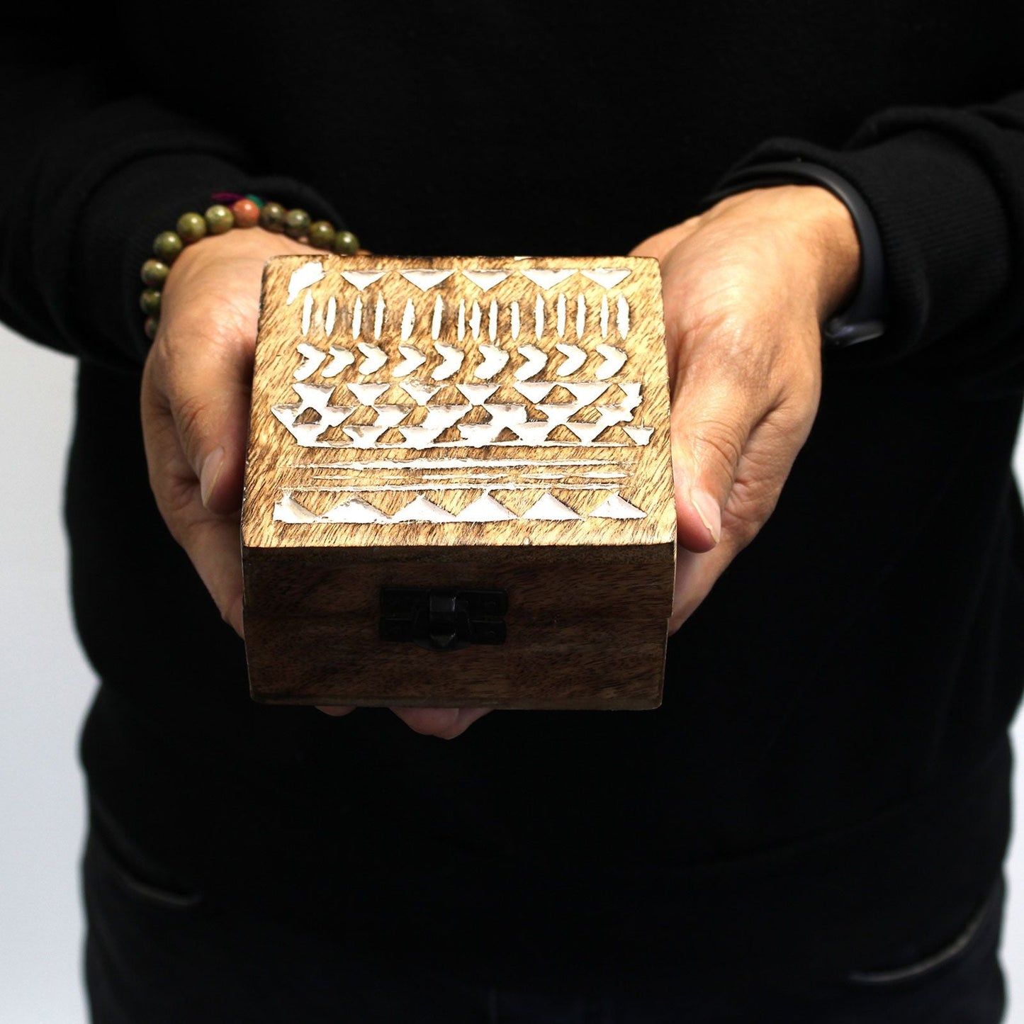 White Washed Wooden Box - 4x4 Aztec Design - Luna Panther
