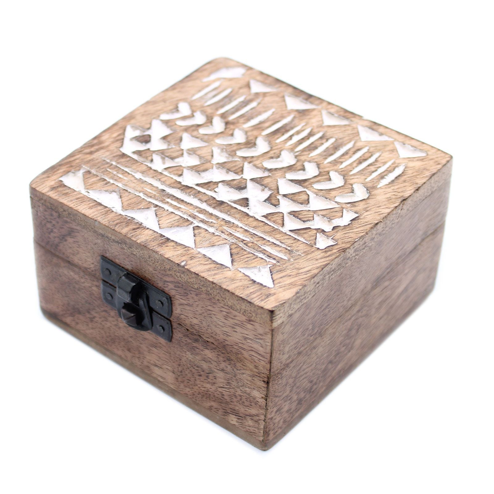 White Washed Wooden Box - 4x4 Aztec Design - Luna Panther