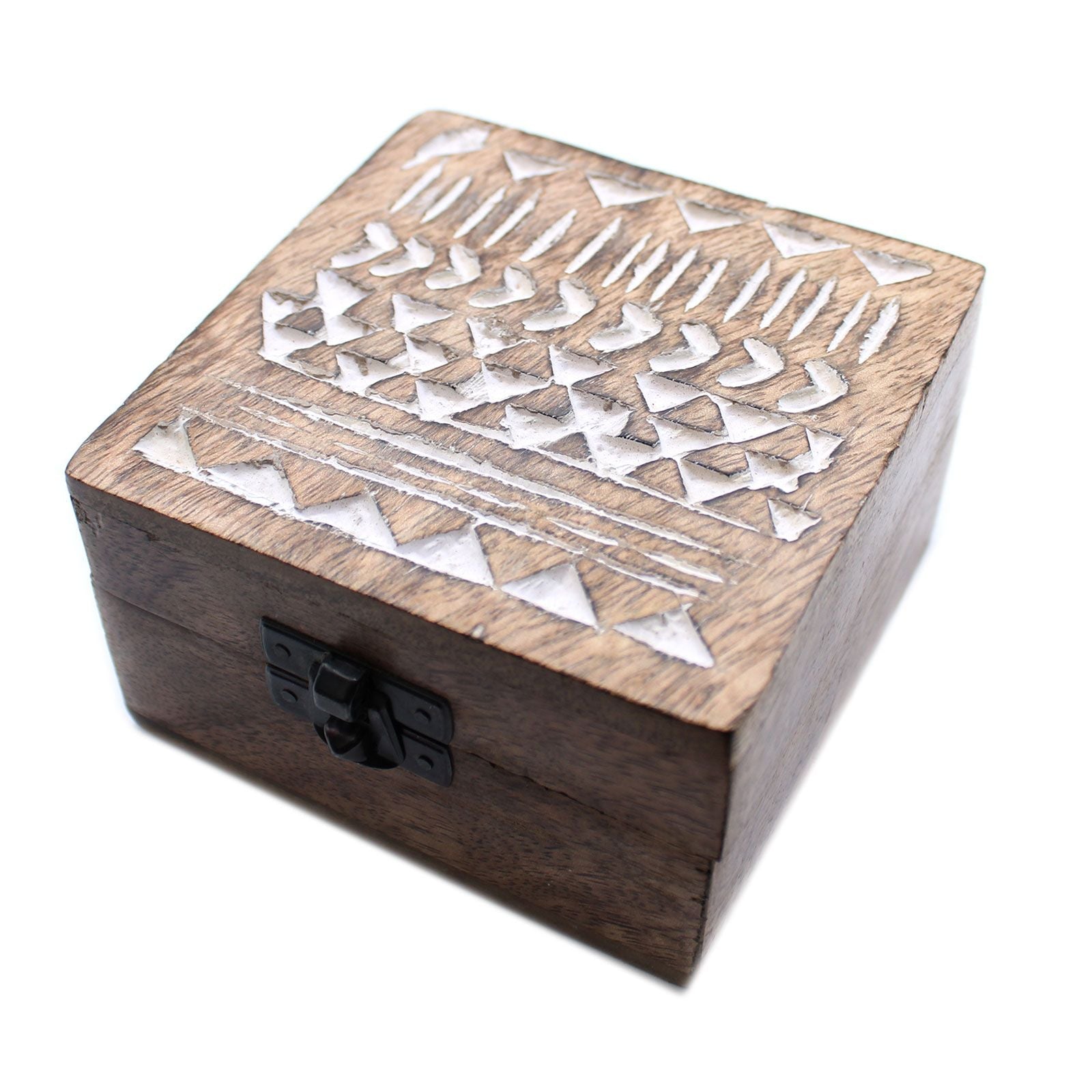 White Washed Wooden Box - 4x4 Aztec Design - Luna Panther