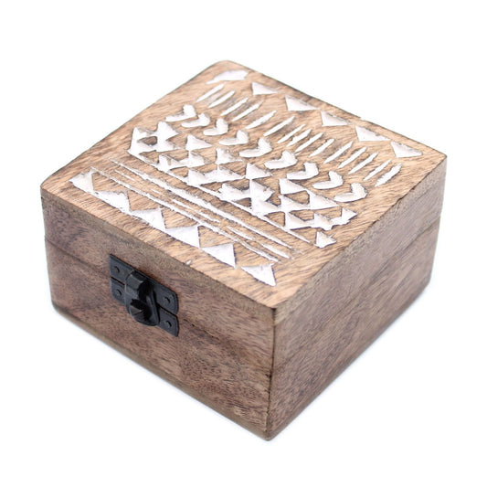 White Washed Wooden Box - 4x4 Aztec Design - Luna Panther