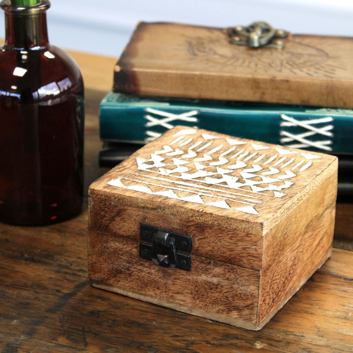 White Washed Wooden Box - 4x4 Aztec Design - Luna Panther