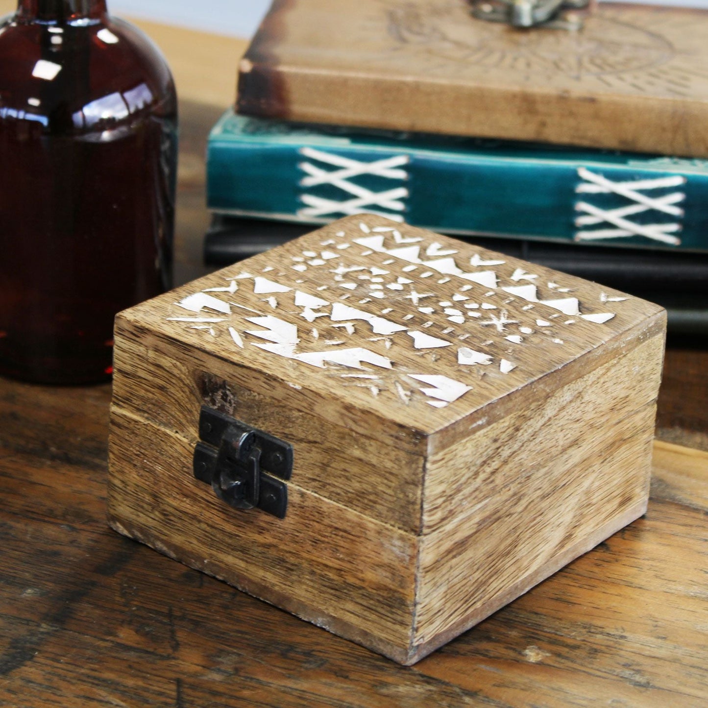 White Washed Wooden Box - 4x4 Slavic Design - Luna Panther