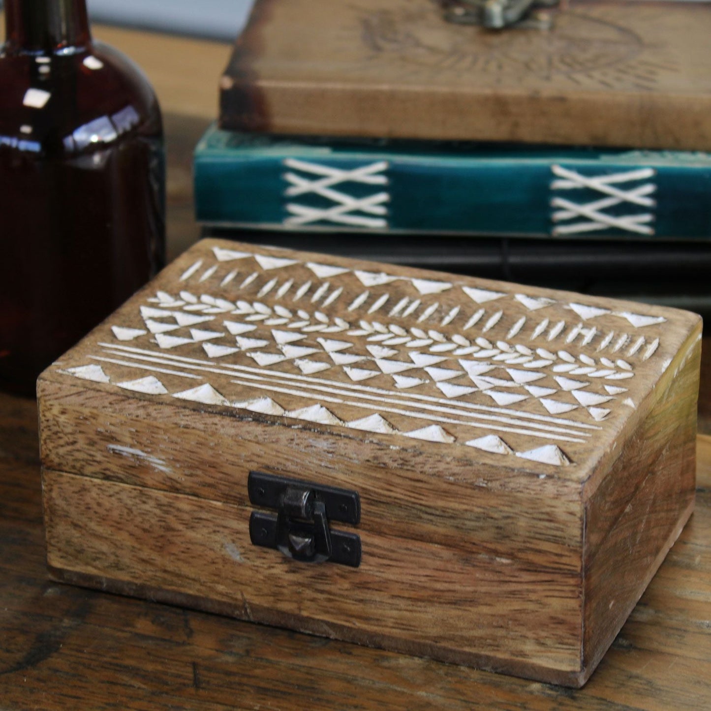 White Washed Wooden Box - 6x4 Aztec Design - Luna Panther