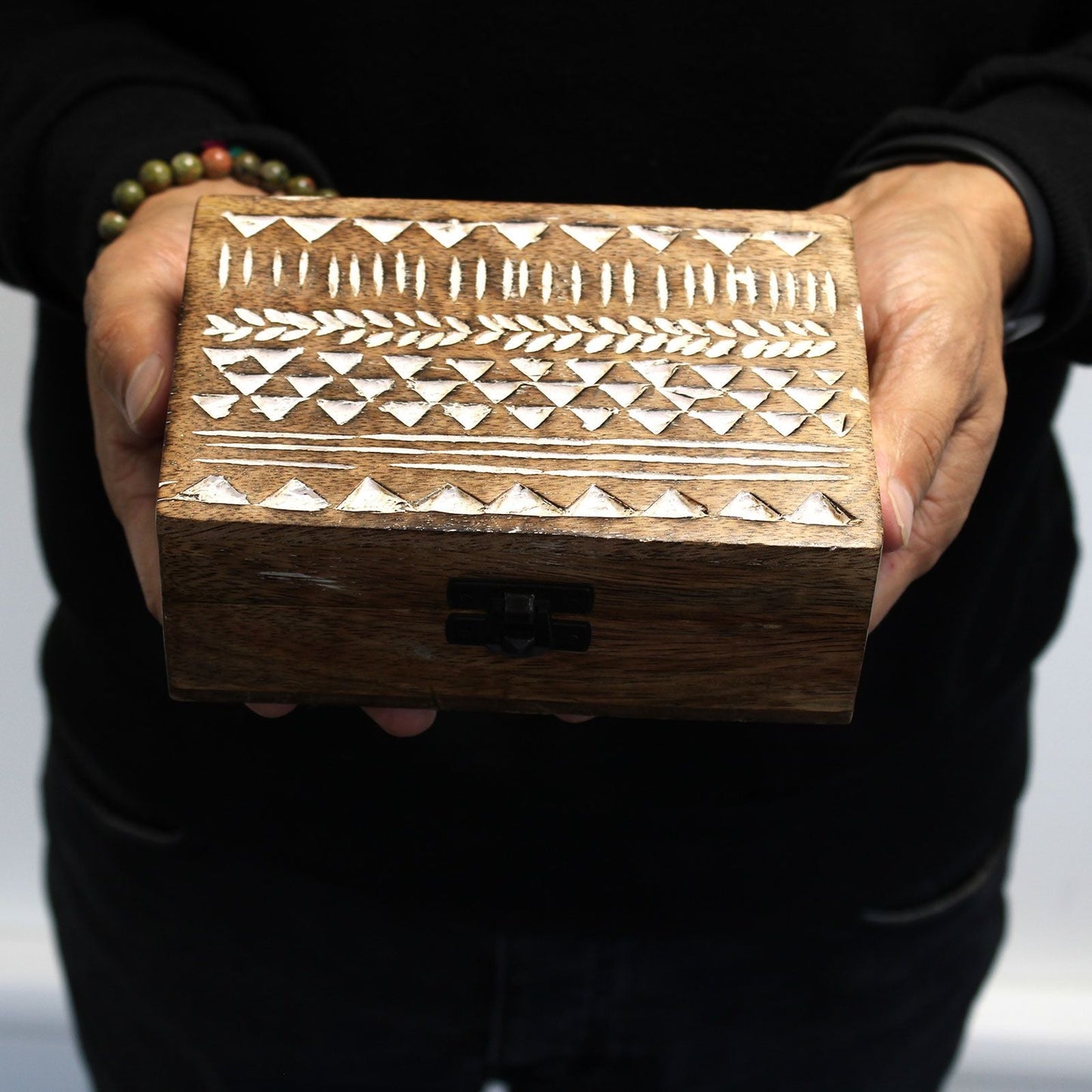 White Washed Wooden Box - 6x4 Aztec Design - Luna Panther