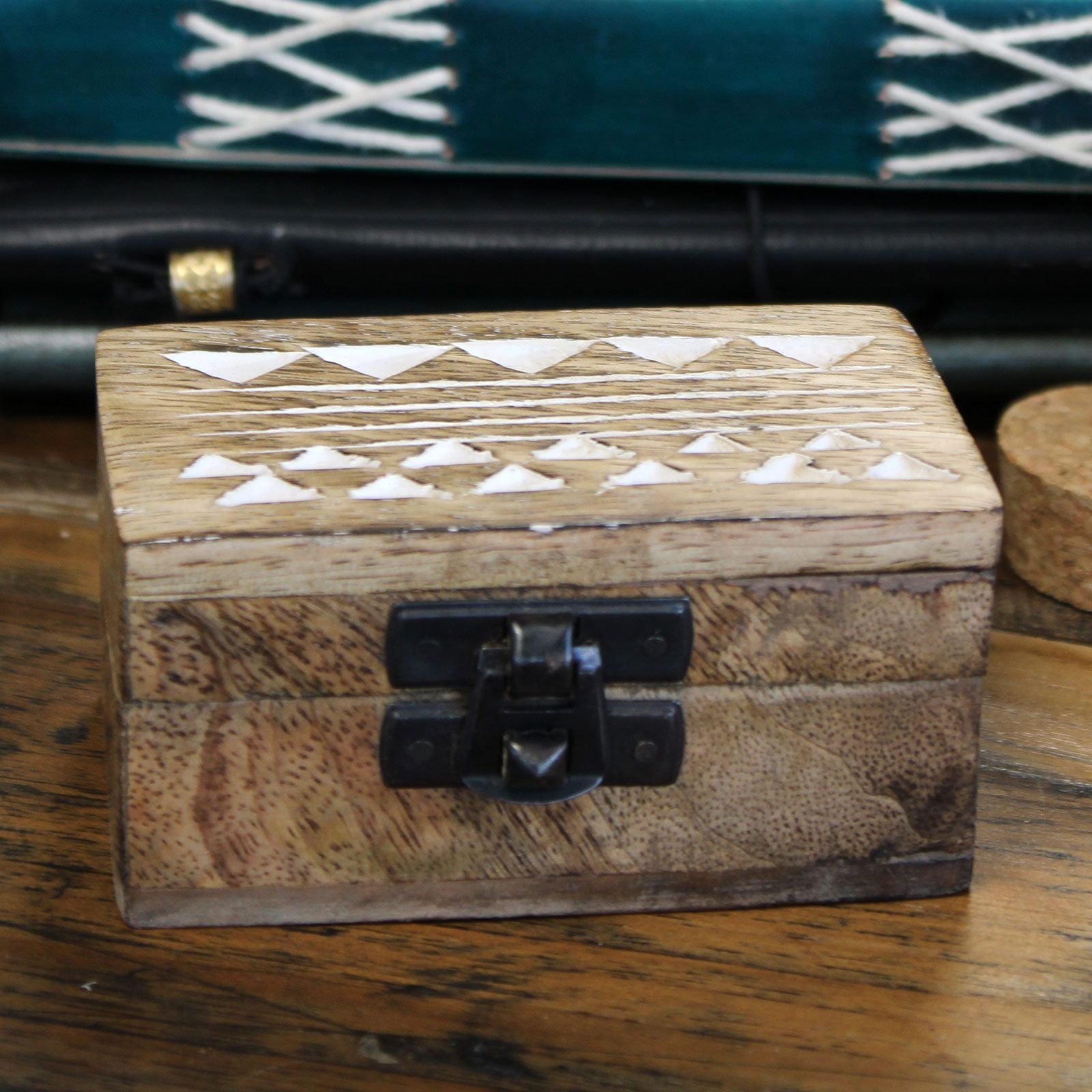 White Washed Wooden Box - Pill Box Aztec Design - Luna Panther