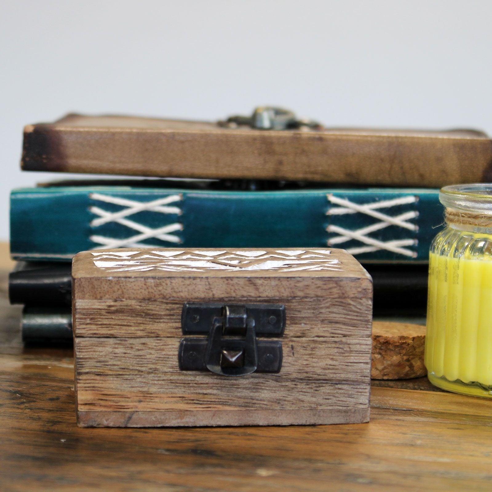 White Washed Wooden Box - Pill Box Aztec Design - Luna Panther