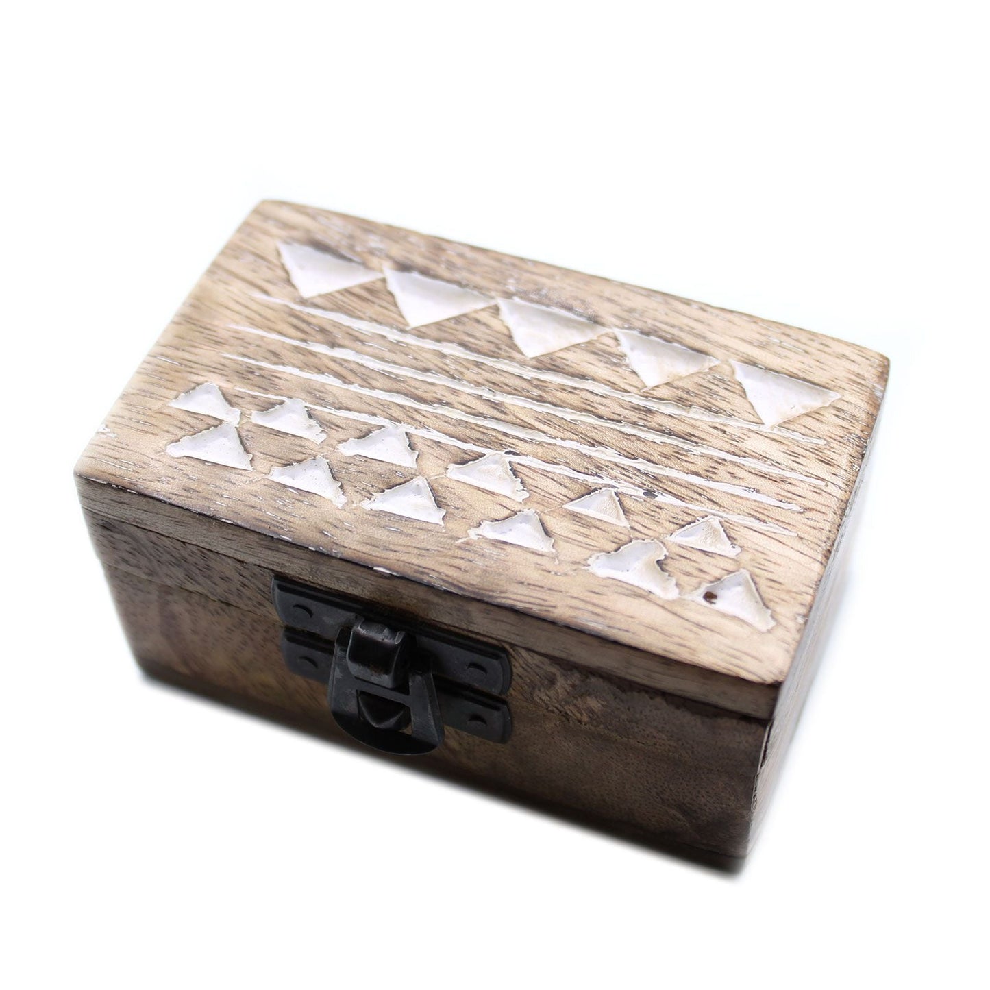 White Washed Wooden Box - Pill Box Aztec Design - Luna Panther