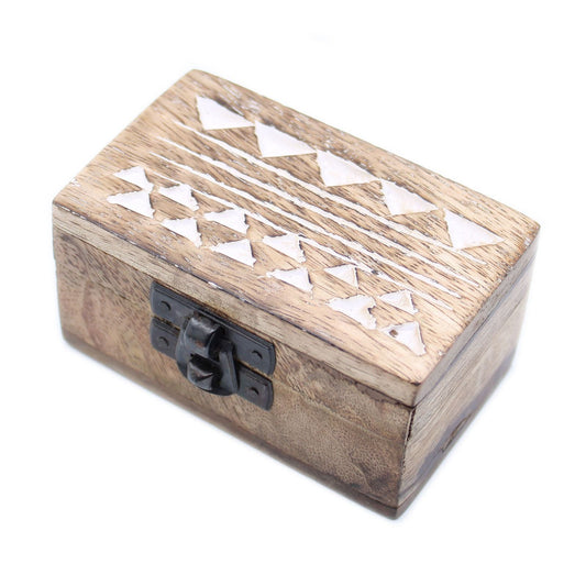 White Washed Wooden Box - Pill Box Aztec Design - Luna Panther