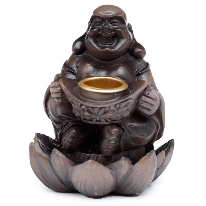 Polished Wood Effect Lucky Buddha Backflow Incense Burner featuring natural patterning and unique variations - Luna Panther